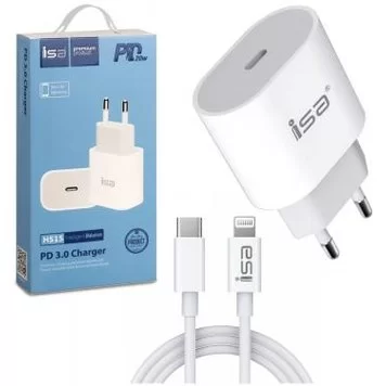 Зарядное устройство USB-C + кабель Lightning, PD 3.0, 3А, 20 Вт ISA 1