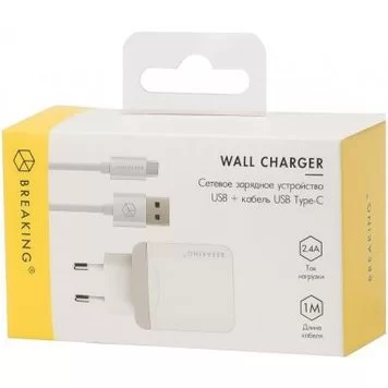Сетевое зарядное устройство Breaking 1USB + кабель Type-C White 1