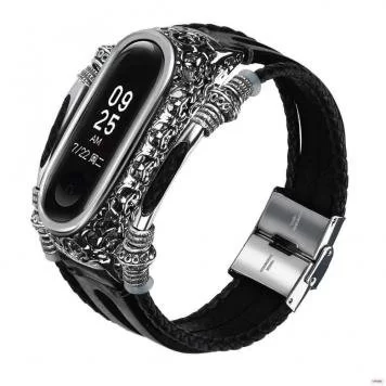 Ремешок металлический с кожей для Mi band 3 4 Black 2