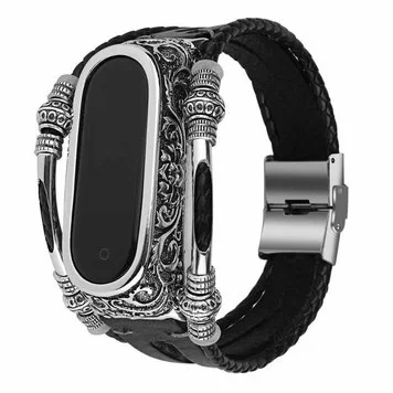 Ремешок металлический с кожей для Mi band 3 4 Black
